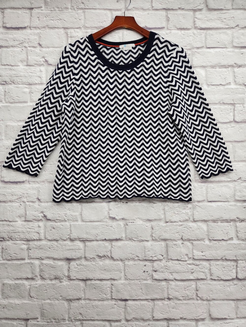 Boden Chevron Knit Sweater Size US 16/18 Navy Off White 3/4 Sleeve Coastal